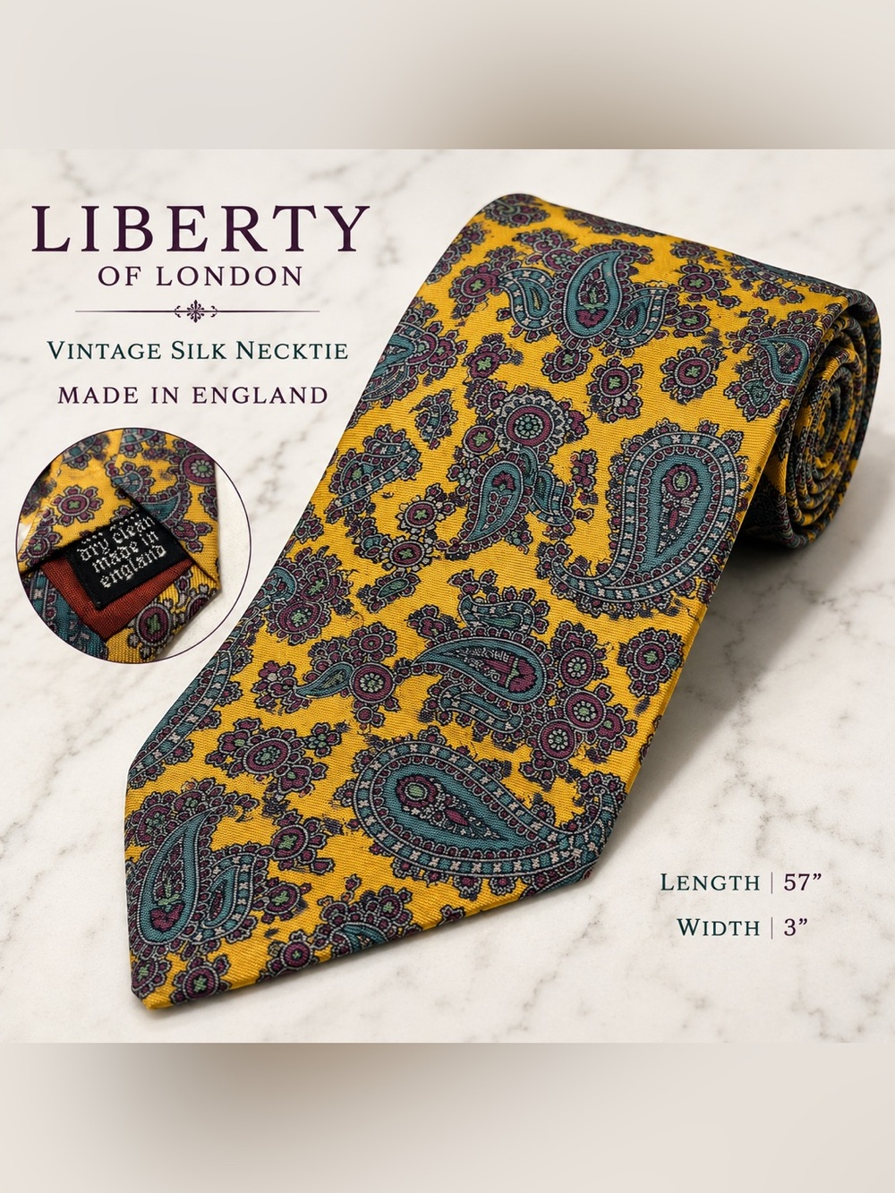 Liberty of London Vintage Paisley Floral Silk Necktie Yellow Purple